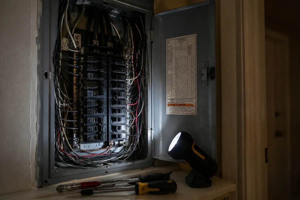 Electrician inspecting an indoor breaker panel with a flashlight and tools
