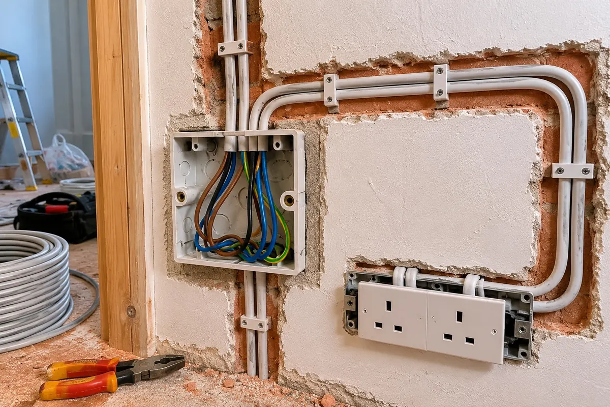 New wiring and outlet box installed during a home rewiring project